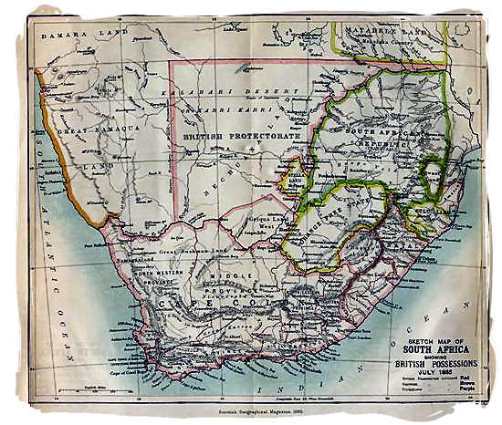 1885 map of Southern Africa showing the British possessions