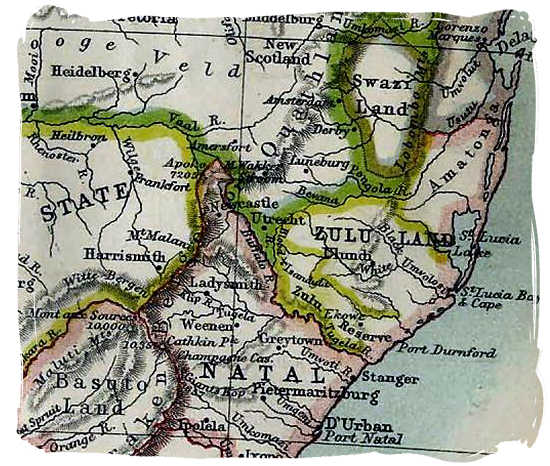 Enlargement of a section of a 1885 map of South Africa showing geographical details of Zululand and Natal