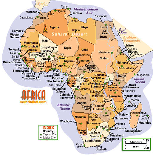 Political and Physical Map of Africa showing its countries with their capitals.