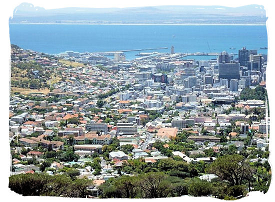 View from Table Mountain of Cape Town CBD with the harbour and Table bay in the background - Victoria & Alfred Waterfront Cape Town, Table Mountain Backdrop