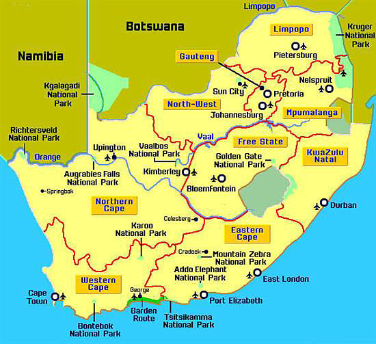 Map showing major cities and airports in South Africa