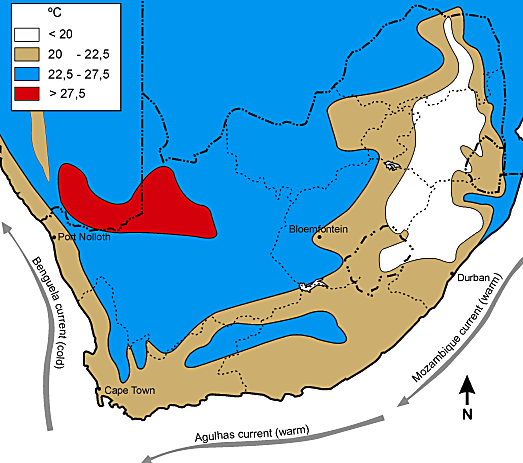 Map showing South Africa's mean average summer temperatures