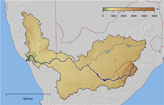 Course and watershed of the Orange river in South Africa