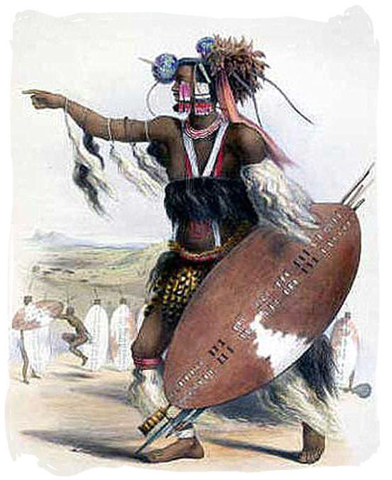 Zulu Warrior Utimuni, nephew of King Shaka, leading one of Shaka's regiments